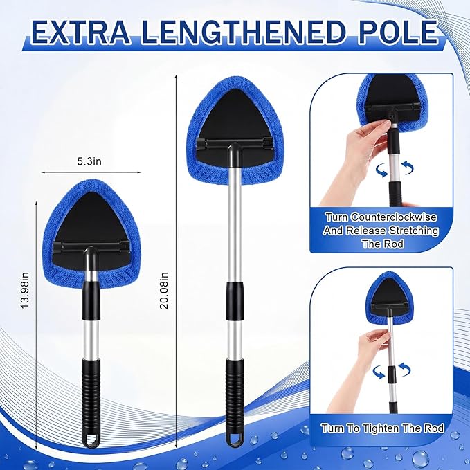 FoldTier 8 Pcs Car Windshield Cleaner Kits with Extendable Handle, 5 Microfiber Towel Pads, 1 Brush, 1 Empty Spray Bottle for Auto Glass Wiper Suvs Rvs & Home Windows(Blue)