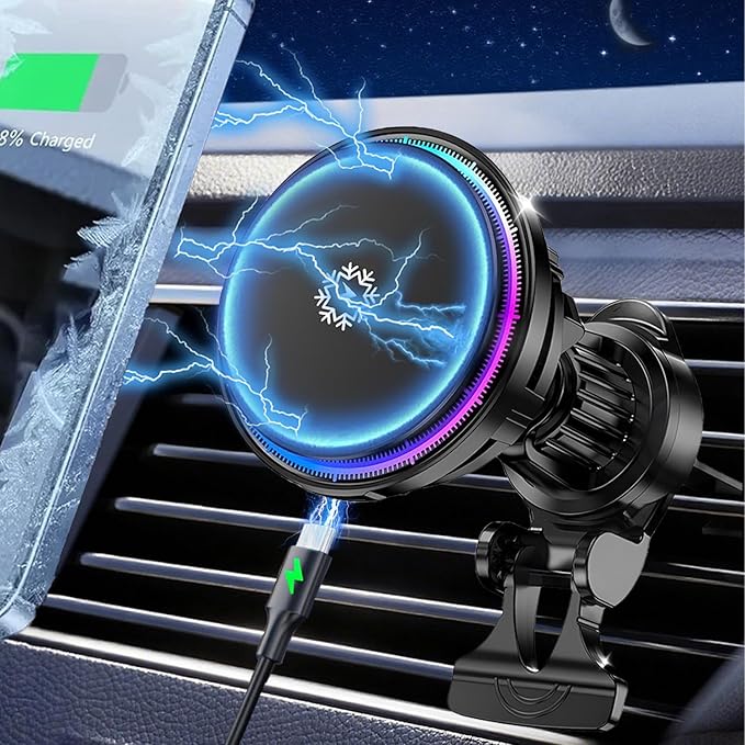 Upgraded TEC and Fan Phone Cooling Magnetic Wireless Car Charger, for MagSafe Car Charger Mount, RGB, Air Vent 15W Fast Charging Car Phone Holder for iPhone 17 16 15 14 13 12 Pro Max Air, for Samsung