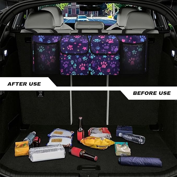 Hanging Car Trunk Organizer with 4 Pockets Dog Paw Print Stars Auto Back Seat Storage Bag Auto Interior Accessories for Sedans SUV MPV Trucks Jeep Pickup