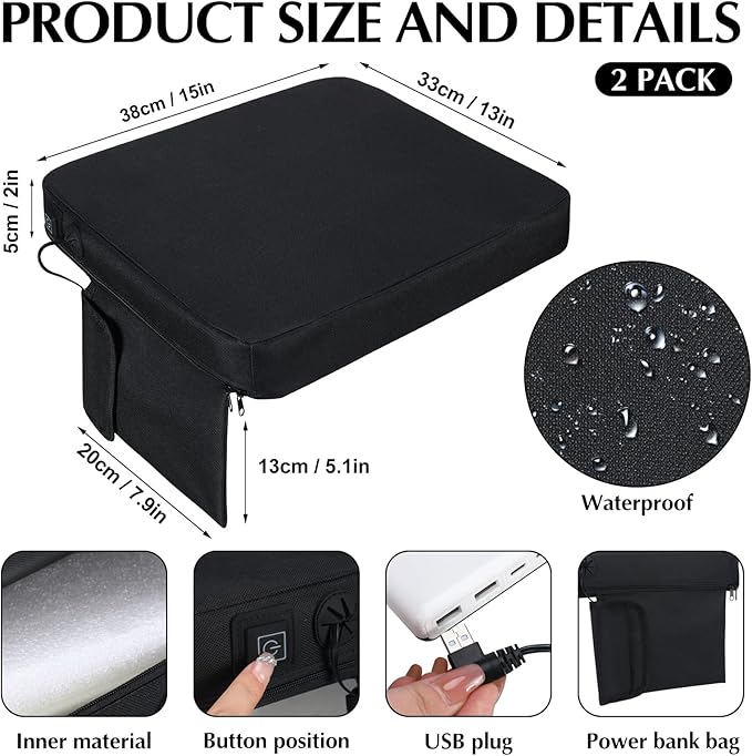 Thyle 2 Pcs Portable Heated Seat Cushion Backless Stadium Seat Pad Waterproof Chair Pad No Back USB Power with 3 Level Adjustable Temperature for Sports Camping Fishing Home Outdoor, No Power Bank
