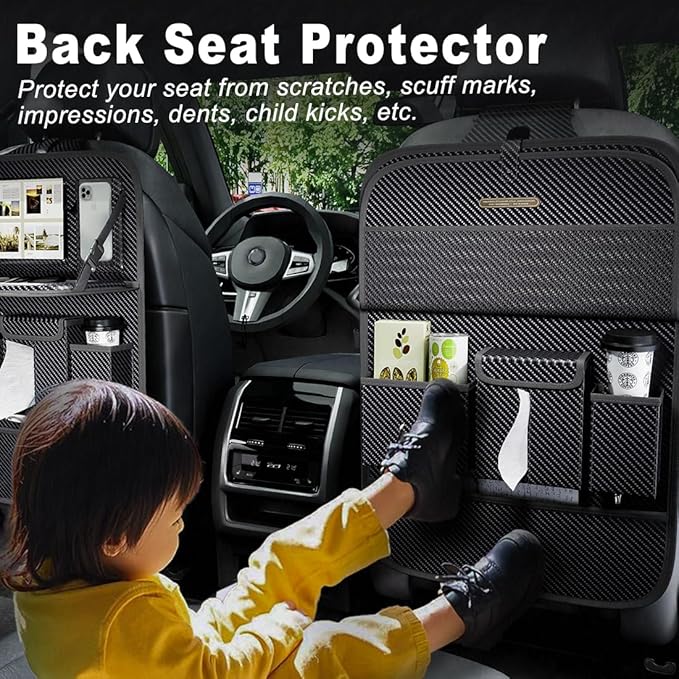 XDV Car Seat Organizers,Multi-functional Back Seat Protectors, Storage Pouches, and Tray Holders (for Cars, Kids, Seat Back and Rear Seats) (Carbon Fiber, 2 Pcs)
