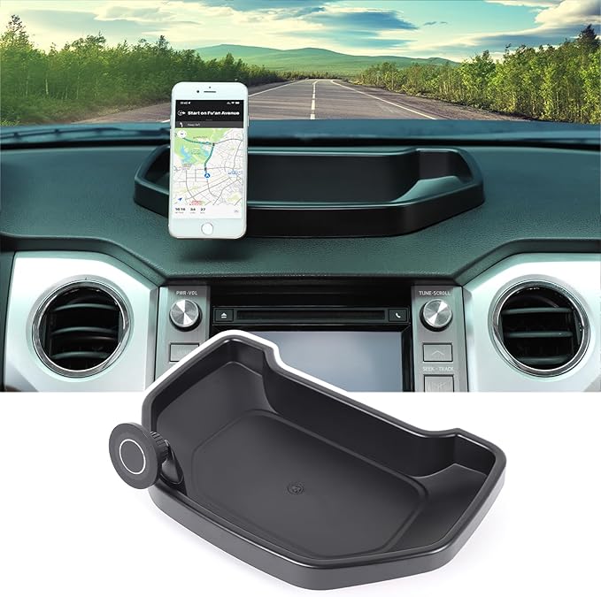LLKUANG Black ABS Car Center Console Dash Table Storage Tray Fit for Toyota Tundra 2014-2021 Instrument Organizer Phone Holder Cradle Accessories (with Mobile Phone Holder(C))