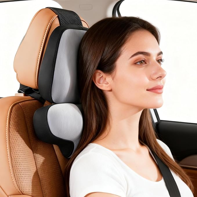 BEBAS Car Headrest Pillow - Memory Foam Neck Support Pillow for Driving, Ergonomically Designed for Long Drives & Travel, Pain Relief with Removable & Washable Cover | Gray, 1-Pack
