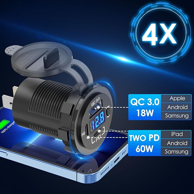 12V USB Outlet Qidoe USB C Car Charger Socket Dual PD 30W and 18W QC3.0 Port USB Car Socket with Voltmeter Button Switch Lengthened Waterproof USB Power Outlet for Car Boat Marine RV Vehicle
