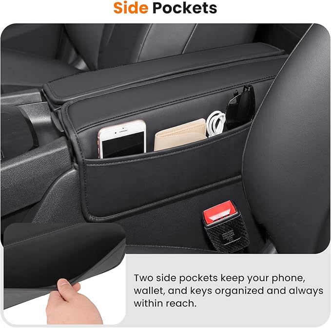 Center Console Armrest Cover for Nissan Rogue 2021-2026, Middle Console Pad Lid Cover Protector Elbow Arm Rest with Side Pockets, Rogue Interior Accessories, PU Leather (Black Stitches)