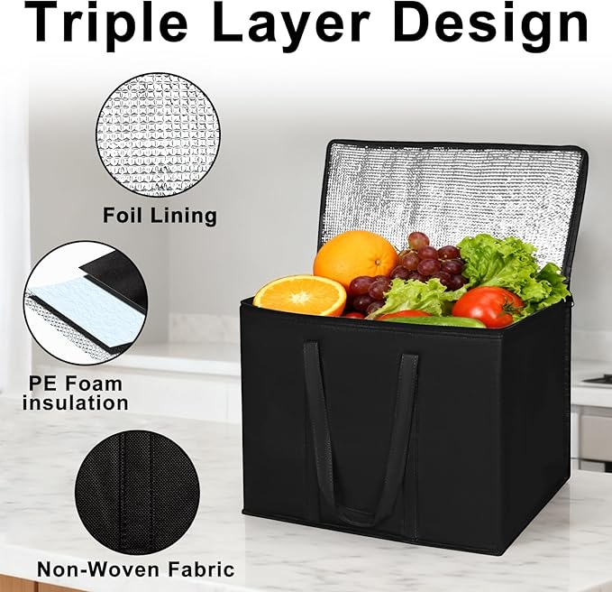 2 I 4 Pack Insulated Reusable Grocery Shopping Bags with zippered top,Food Delivery Bag,Collapsible Cooler Bag