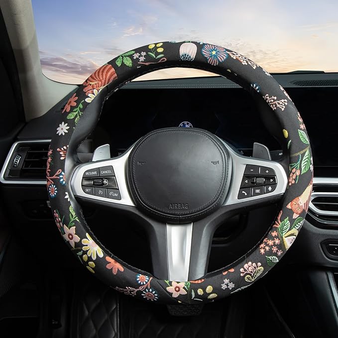 Black Cat Flower Steering Wheel Cover Auto Jacquard Steering Wheel Protector, Anti-Slip, Breathable, Absorbing Sweat, Universal Cat Car Accessories 14.5–15 inch,Fit for Most Car, Trucks, SUV