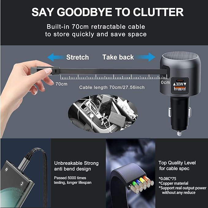 60W Retractable Car Charger, 3-in-1 USB-C Fast Charging Cigarette Lighter Adapter with Built-in Retractable Cable, Compatible with iPhone 16/15 Pro Max, Galaxy S25, iPad(Black)