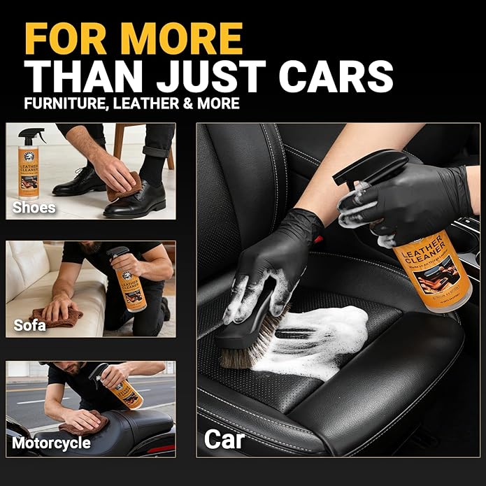 Car Leather Cleaner and Conditioner Kit, Leather Care Kit with Horse Hair Cleaning Brush - Safe for Car Interiors, Furniture, Boots, Bags & Apparel - Deep Cleaning, Non-Greasy Restorer