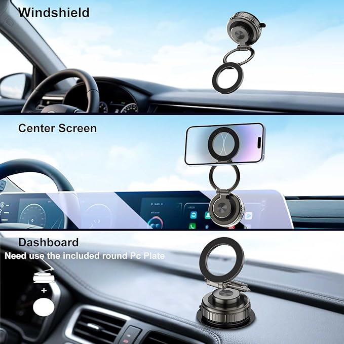 Kairiyard Phone Holders for Your Car, [80+LBS Strongest Suction & 2800gf Magnetic] 360° Adjustable Foldable Vacuum Magnetic Suction Car Cell Phone Holder Mount Compatible for MagSafe iPhone Car
