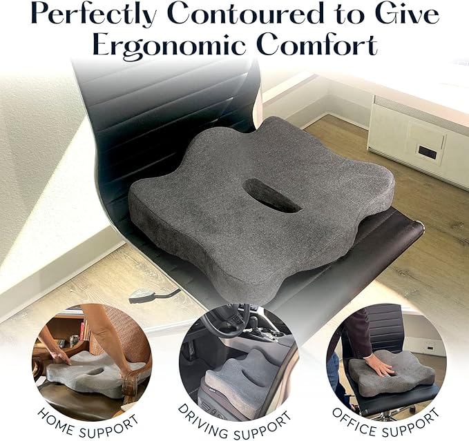 SUTERA Proper Posture Seat Cushion for Office Chair or Car Seat, Superior Memory Foam for Support and Back Pain Relief, Rubber Grips Underneath to Prevent Shifting (17.7x16x4.3 inches)
