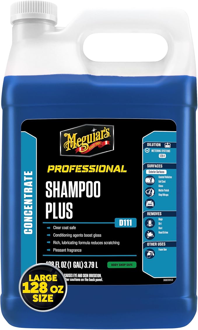 Meguiar's Shampoo Plus, Lubricating Car Wash Soap Lifts Dirt and Grime Off Car Surfaces, Cleans Paint Without Swirling or Scratching, Deepens Gloss and Boosts Shine, 1 Gal