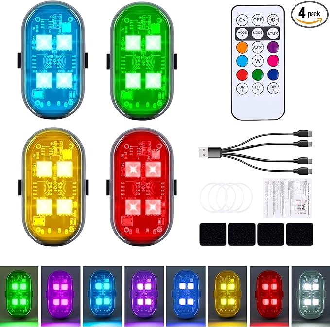 4PCS Wireless LED Lights with Remote Control, Upgraded 4LEDs 8 Colors, Interior Underglow Anti Collision Warning Strobe Light for Car Motorcycle Bike Drone Aircraft