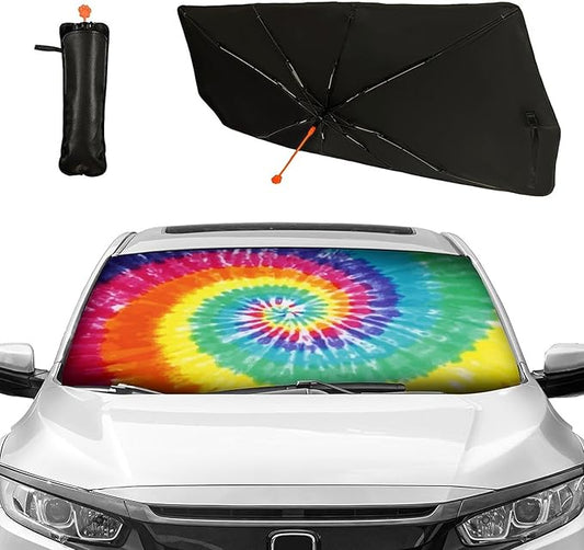 CHILL�TEK Car Windshield Sun Shade Umbrella, Fashion Tie Dye Foldable Umbrella Sunshade for Front Window UV Reflector Protection Auto Shades Cover red 1,57x31 In