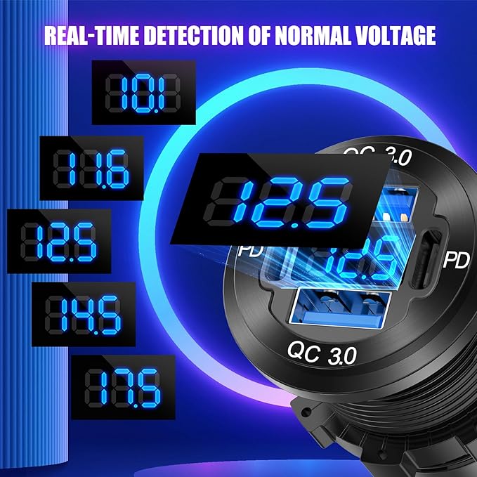 2025 Upgraded 4 Port 12 Volt USB Outlet Cigarette Lighter Socket Panel, Dual PD3.0 and Dual QC3.0 USB Ports Aluminum Car Charger with Voltmeter, Lighted 150W Socket, 2 in 1 DIY Kit for Boat RV, etc.