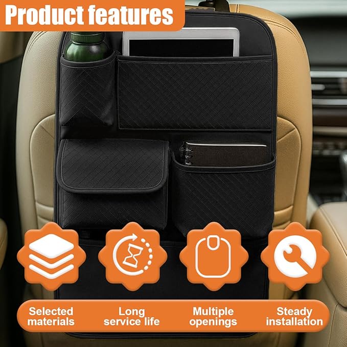 Car Backseat Organizer, Leather Auto Seat Back Kick Mats Protector, Multi-Pocket Car Rear Seat Hanging Storage Bag with Tissue Holder, Travel Accessories for Most Cars SUV Truck(Black)