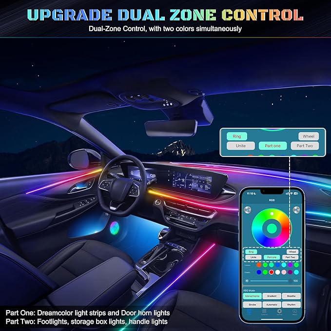 Dreamcolor Acrylic Interior Car LED Strip Light with Wireless APP, RGB 22 in 1 with 175 inches 612 LEDs Fiber Optic Strip Lights for Car, Dual Zone Symphony Neon Car Ambient Lighting