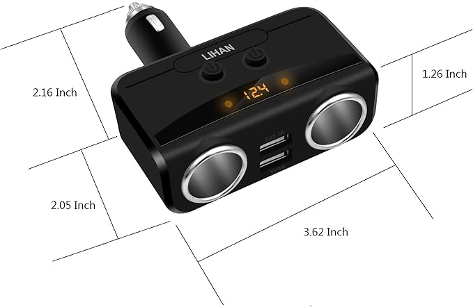 LIHAN 2 Socket Cigarette Lighter Adapter, Car Charger Plug Splitter with Dual USB Ports, 12V/24V Meter Monitor, Compatible with iPhone, LG, HTC, Samsung etc