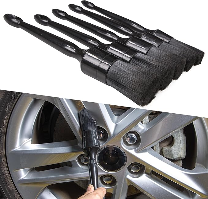 Car Detailing Brush Set, 5 Pack Auto Black Detail Brushes, Comfortable Grip and Scratch-Free Cleaning Brush for Car Interior or Exterior, Wheels, Tires, Engine Bay, Leather Seats, Door Panels, Emblems