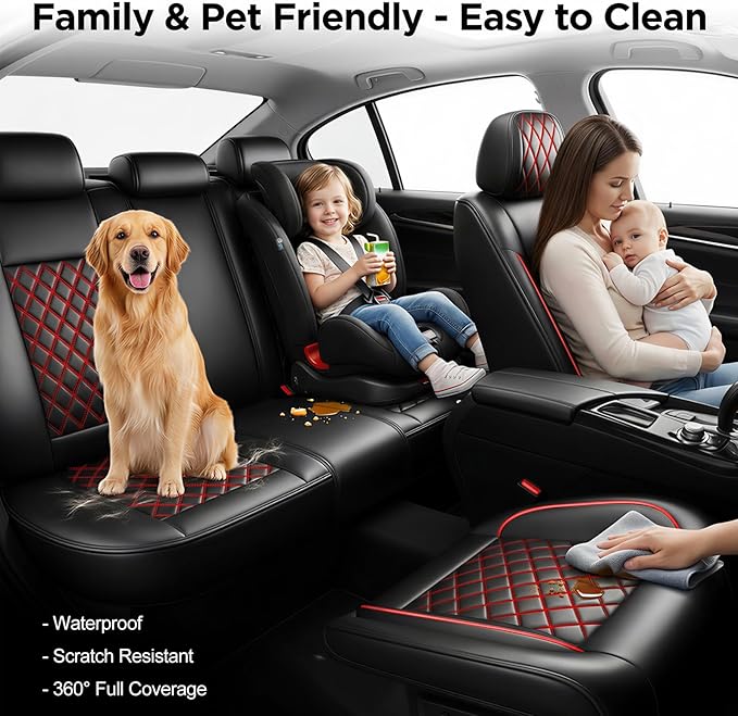 Fit for Sonata Car Seat Covers Compatible with Hyundai Sonata 2004-2026-Waterproof Breathable Leather Automotive Seat Cushions Protector, Airbag Compatible, Full Set 5 Seats(Redline)