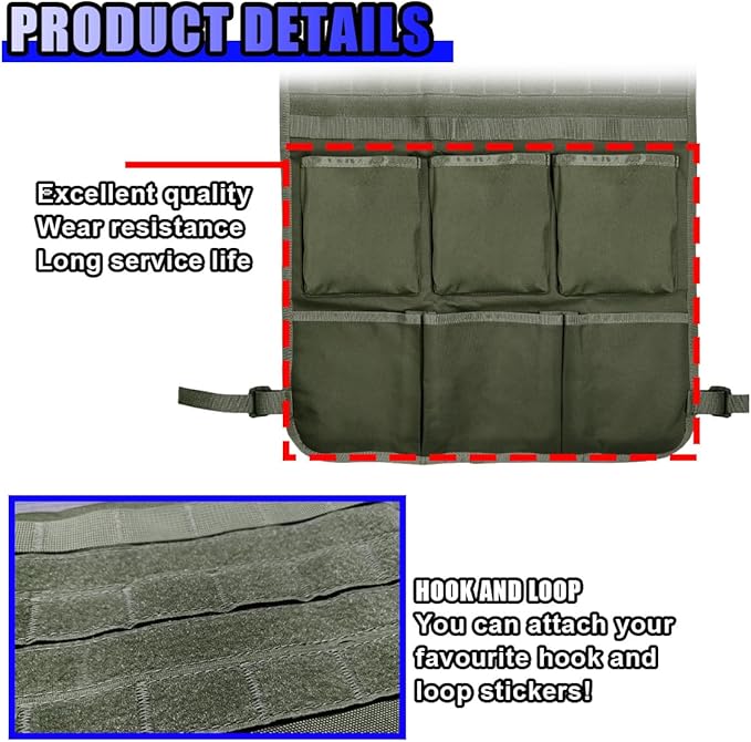 Tactical Molle Panel Car Seat Back Organizer, Waterproof Car Front Seat Protector with Multiple Pockets, Universal Kick Mat for Kids/Pets, Vehicle Backseat Storage Bag for Most Cars (Green)