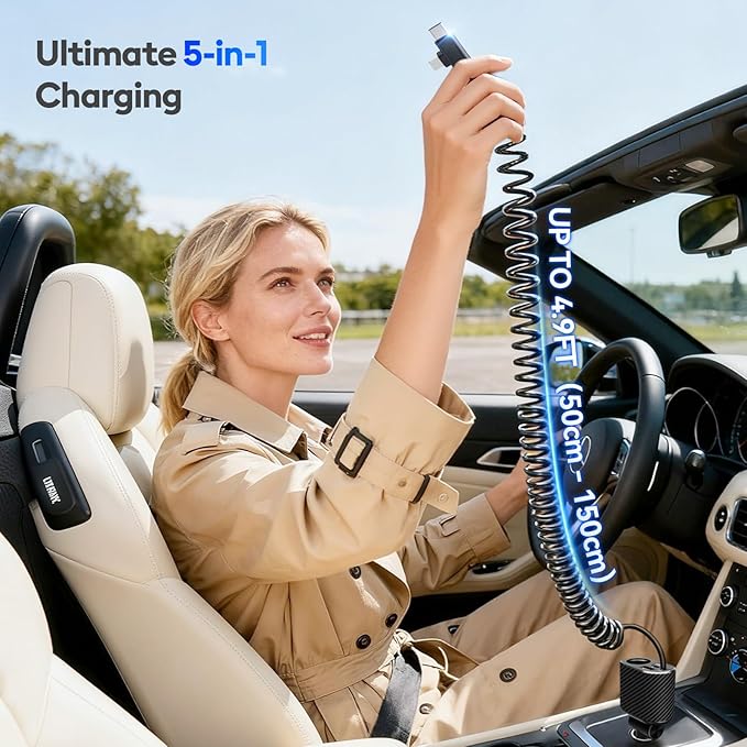 180W Retractable Car Charger Cigarette Lighter Splitter, Fast Charging Socket with Replaceable Fuse, Dual Cables for Type-c&Lightning Cord Fits for Dash Cam/Laptop/iPad/iPhone/Galaxy