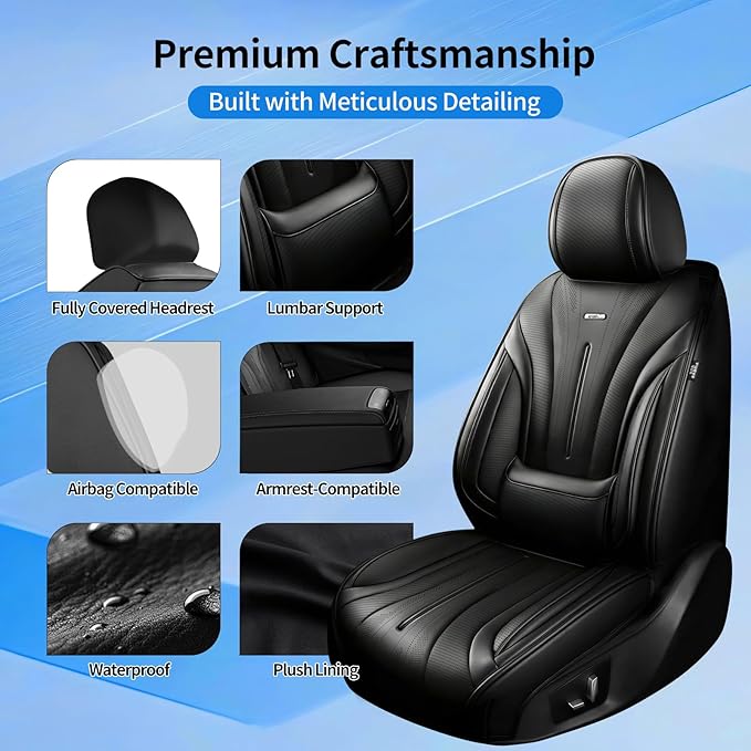 Fit Malibu Car Seat Covers (Front Pair) for Select Chevrolet/Chevy Malibu 2009-2025 - Full Coverage Leather, Airbag Compatible, Waterproof & All Weather Seat Cushion Protector, Black