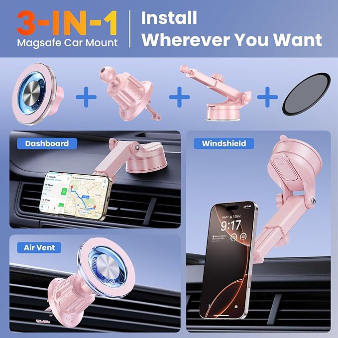 for MagSafe Magnetic Car Phone Holder [2026 Upgraded Strongest Magnet] Car Mount Suction Cell Stand for Dashboard Windshield Vent Compatible with iPhone 16/15/14/13/12/11 Android etc-Pink