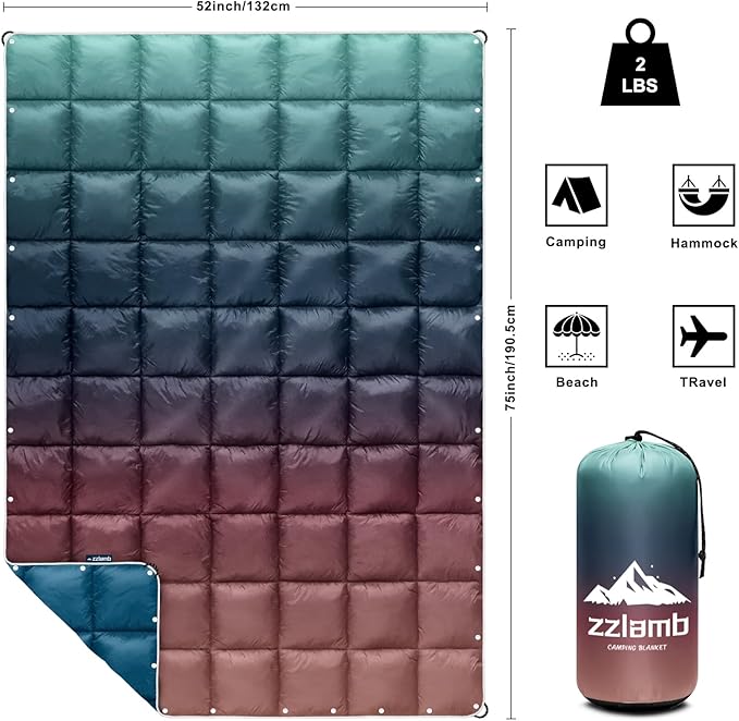 zzlamb Camping Blanket for Cold Weather,Outdoor Puffy Blanket Portable Down Alternative,Windproof Warm Cloak with Snaps,Cozy Quilt Backpacking Picnic RV Travel Plane Car Hammock Beach Climbing