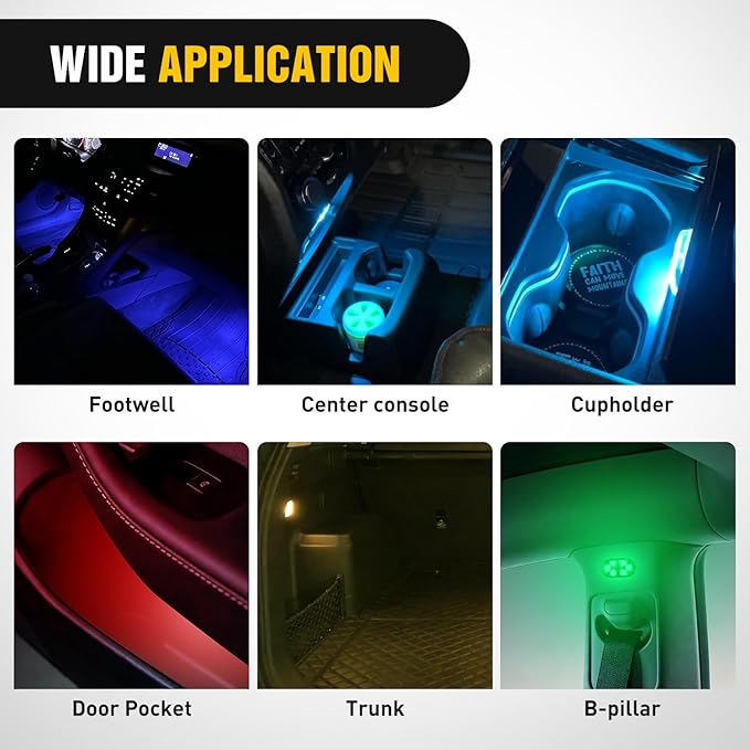Nilight Wireless Magnetic RGB LED Interior Lights, 4 PCS 7 Colors USB Rechargeable Universal Mini Sticky Footwell Ambient Atmosphere Reading Lamp with Touch Sensor, Portable Night Lighting for Car