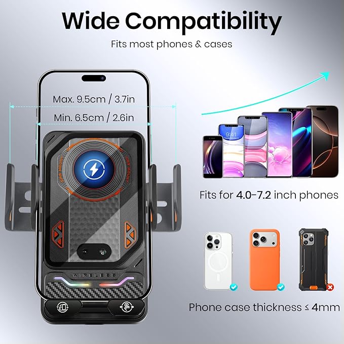 Wireless Car Phone Charger Holder, Smart Auto-Clamping Fast Charging Car Phone Holder with Atmosphere Lights, Rotating Air Vent Mount Compatible with All Smartphones (Black)