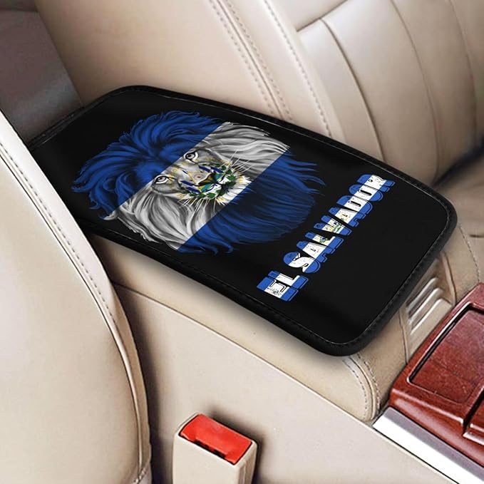 Vintage El Salvador Salvadoran Flag Lion Head Auto Center Console Armrest Cover Car Handrail Box Cushion Pad Mat Universal Fit Most Vehicle Sedan Truck SUV Soft Comfort Decor Accessories