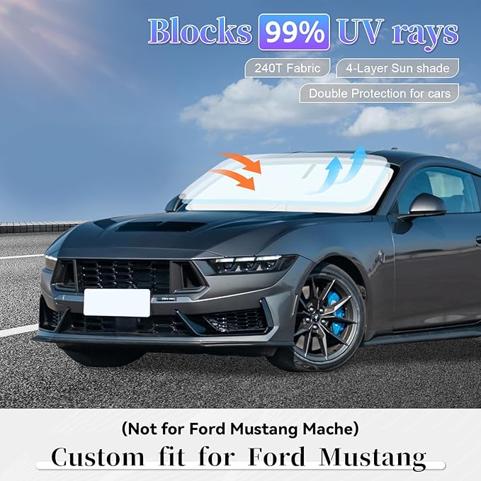 Sun Shade Sunshade for Ford Mustang 2015-2025 2026 Windshield Cover, 4-Layers Sun Shield 250T Silver Coating Sun Visor Foldable Window Shade Blocks UV Rays Car Accessories (NOT for Mach-E)