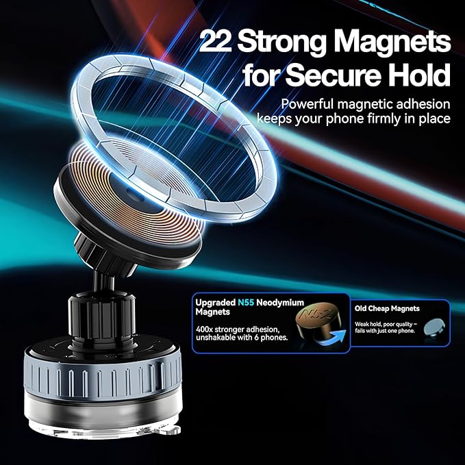 2025 Upgrade Vacuum Magnetic Phone Holder, 720° Retatable Suction Cup Phone Mount, Strong Magnetic Cell Phone Holder for Car/Gym/Mirror/Desktop/Smooth Surface, Compatible with Magsafe iPhone