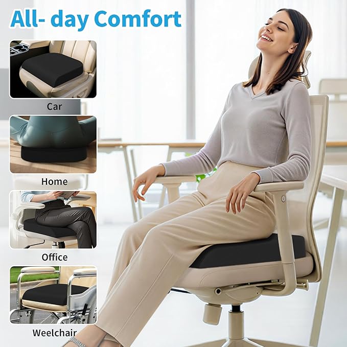 Large Seat Cushion，Soft Foam Cushion for Long Sitting Hours on Office Chair, Home & Car, Non-Slip Chair Pad for Relieving Back & Sciatica & Hip & Coccyx Pain (Black)