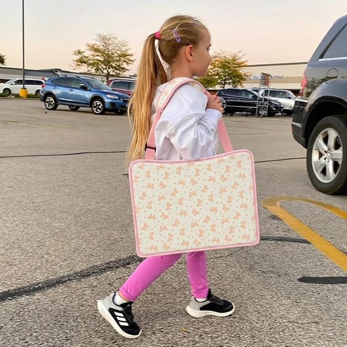 MENZOKE Kids Travel Tray for Toddler Car Seat, Toddler Travel Activities for Girl with iPad Holder Stand & Storage Pockets, Road Trip Essentials Accessories Lap Tray as Birthday Gift, Beige & Pink