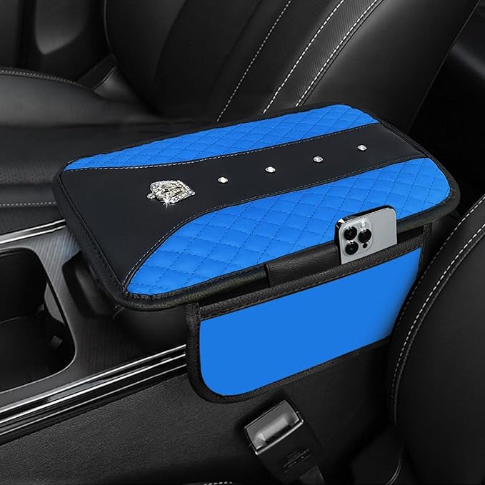NBTEPEM Bling Crown Car Center Console Armrest Cover, Leather Middle Console Cover Cushion with 2 Storage Bags, Car Armrest Storage Box Interior Accessories for Most Vehicles(Blue)