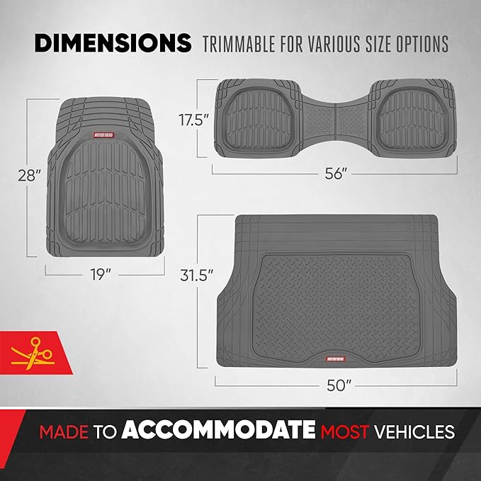 Motor Trend FlexTough 4-Piece Heavy Duty Floor Mats for Cars Trucks SUVs, Automotive Floor Mats Car Mats Full Set Front, Rear & Cargo, Trim-To-Fit Semi-Custom Deep Dish All Weather Rubber Mats - Gray