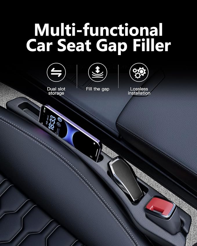 Car Seat Gap Filler 2 Pack, Soft Foam Multifunctional Seat Side Gap Filler with Organizer, 2 in 1 Seat Crevice Blocker Stop Things from Dropping, Universal Vehicle Interior Accessories Black