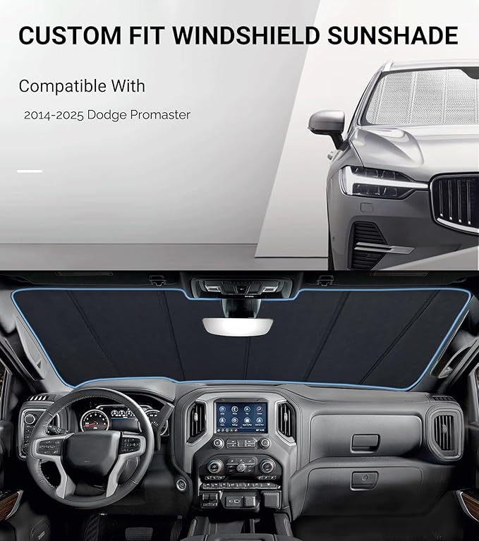 Windshield Sun Shade for Dodge Promaster 2014-2025. Reflective Aluminum Film Front Window Sunshade - BLAZBLOCK