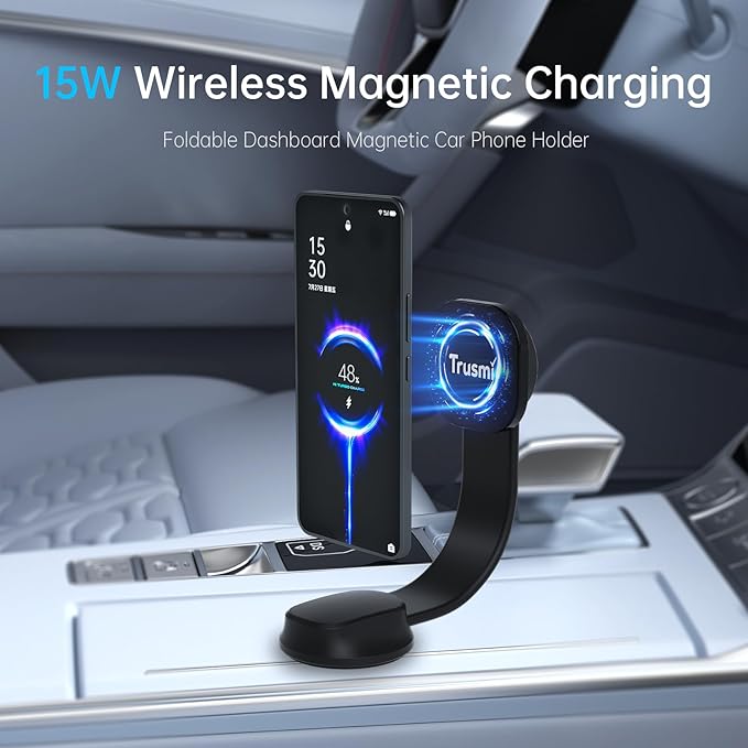 Trusmi Magnetic Wireless Car Charger 15W, Foldable Car Phone Mount, Compatible with MagSafe for iPhones and MagSafe-Compatible Cases for Galaxy S26/S25/S24, Pixel 10/9/8