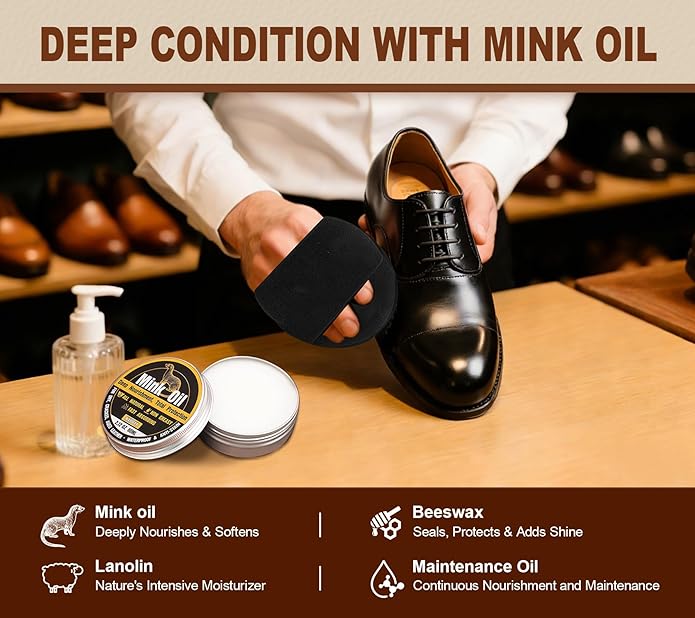 Leather Boot Care Kit, Mink Oil & Saddle Soap for Leather Cleaning & Leather Boots, 6-in-1 Leather Shoe Care Kit, Leather Cleaner and Conditioner for Purses, Shoes, Boots, Couch, Car