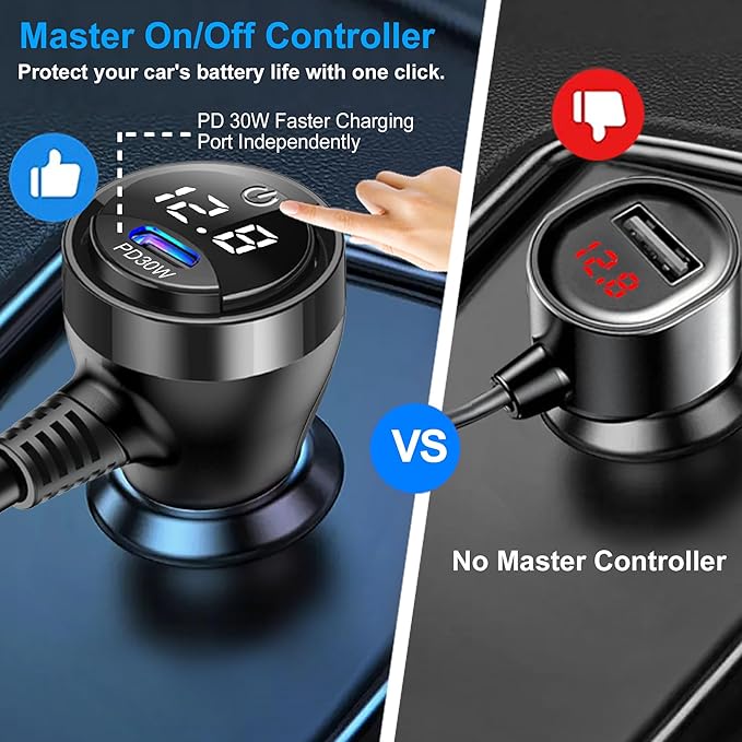 Cigarette Lighter Splitter,3 Socket Cars Cigarette Lighter Adapter,Heavy Duty Truck USB Chager Multi Port with PD30W/QC3.0 USB C 12/24V Car Plug Outlet with LED Voltage Display Independent Switches