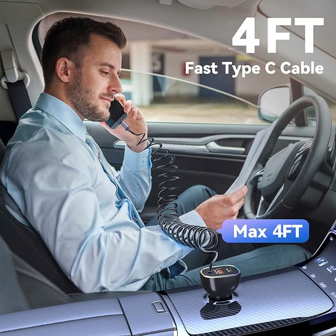 90W Car Charger, USB C Cigarette Lighter Adapter with 4FT Coiled Cable, PD 30W & QC3.0 Fast Charging, Compatible with iPhone 16/15 Series, Samsung Galaxy S24/S23/S22, iPad, Android Phones (Black)