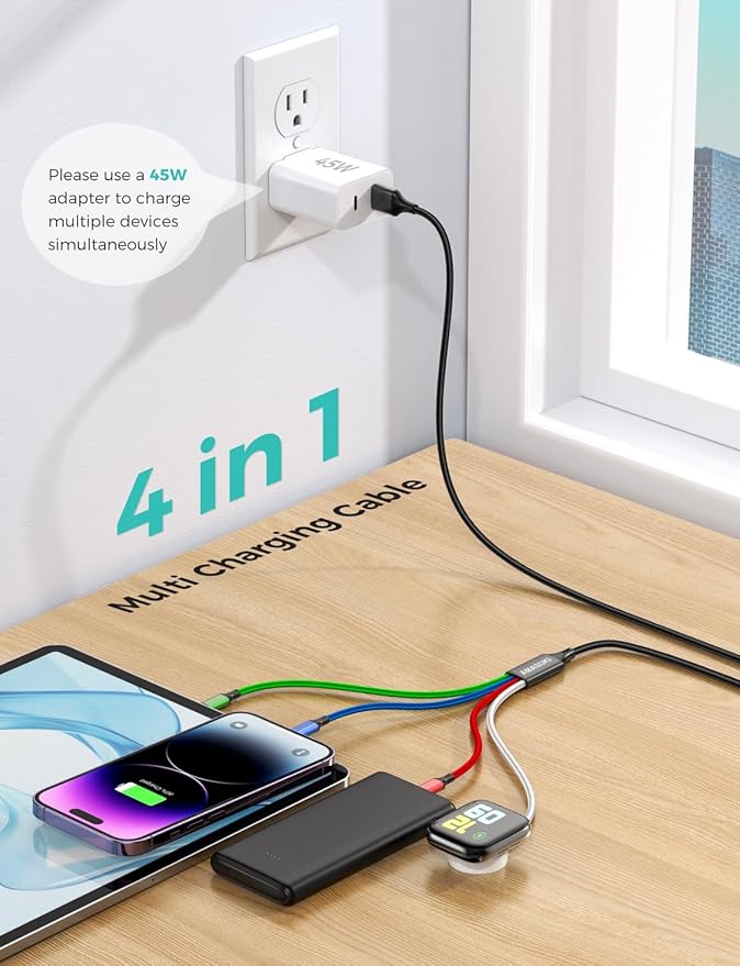 Travel Essentials,4 in 1 for Apple Watch Charger/iPhone Charger/Multi Charging Cable,2026 Cruise Vacation Essentials,USB C/L/Micro Portable Charger for iWatch 11-1/iPhone 17-12,Car,eBook Reader-4FT