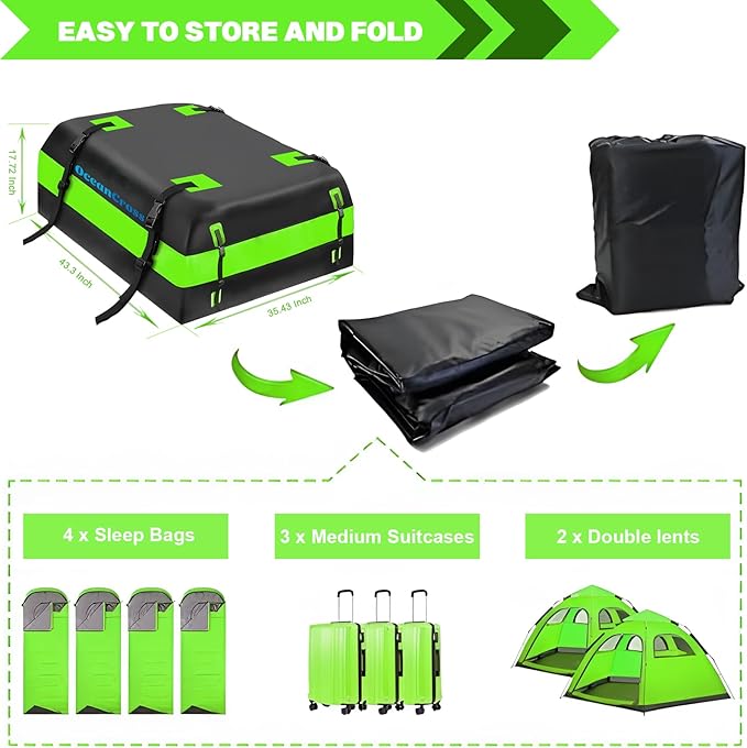 OceanCross Car Rooftop Cargo Carrier Bag, Green Rooftop top Cargo Carrier Bag 15 Cubic feet Waterproof for All Cars with/Without Rack, Includes Anti-Slip Mat, 8 Reinforcement Straps, Luggage Lock
