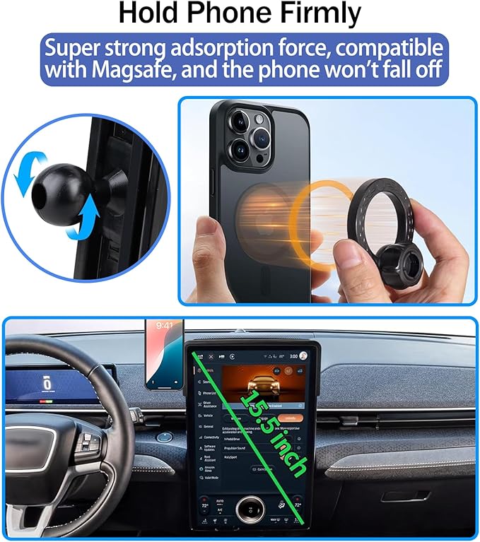 Car Phone Holder for 2021-2024 2025 Ford Mustang Mach-E 15.5-Inch Touchscreen, Cell Phone Mount Compatible with MagSafe