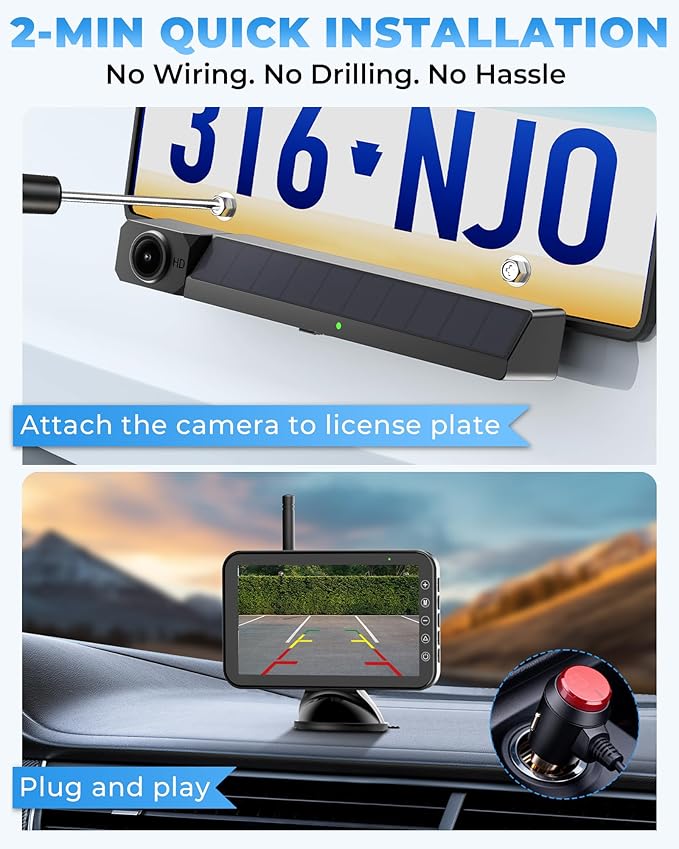 Solar Wireless Backup Camera, 5" 1080P DVR Monitor, 2-Min No-Wiring Installation Back Up Camera, 4800mAh Battery, Stable Signal, IP69K Waterproof Reverse Camera for Car, SUV, Pickup, Truck, Trailer