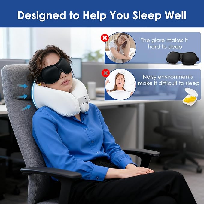 jiaao Memory Foam Neck Pillow for Travel & Airplanes, Adjustable Travel Pillow for Long Flights & Road Trips, Includes Eye Mask, Earplugs & Bag(Gray)