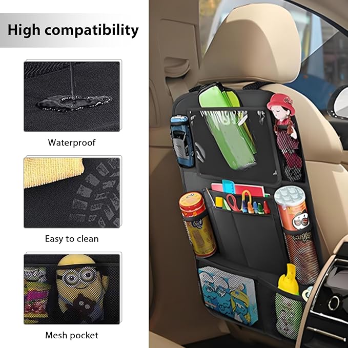 2PCS Car Backseat Organizer, Multi-Pocket Back Seat Protector with 10.2" Tablet Holder, Waterproof Oxford Fabric Storage Bag Auto Kick Mat for Kids Toddlers (A Regular Style)